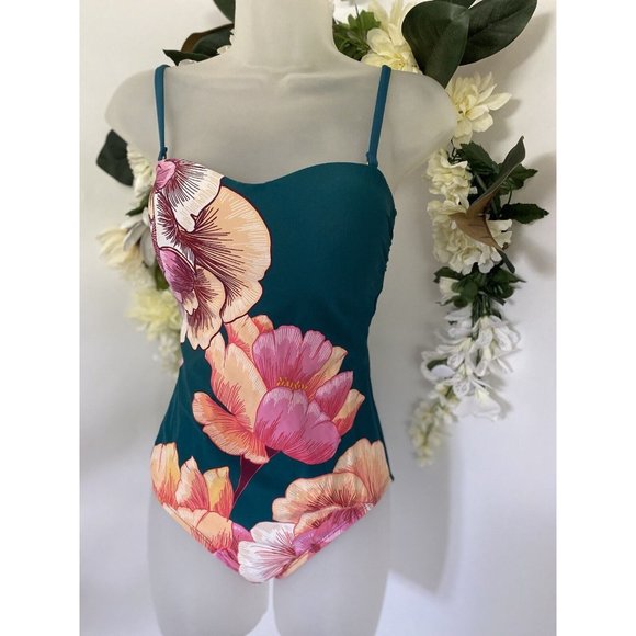 Women's 80s Retro Floral Swimsuit Strapless Convertible Straps Padded Strappy - Picture 3 of 11